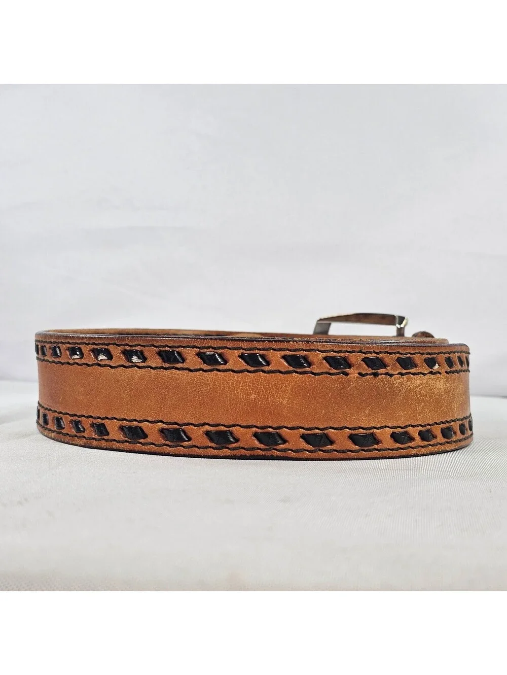 Vintage Tan Leather Whipstitch Belt Mens Brown Woven Boho Western 41.5 Inch